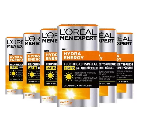 L’Oréal Paris Hydra Energetic Dagcrème SPF 15 Voordeelverpakking 6x50ml - Intensieve Hydratatie & Vermoeidheidsbestrijding voor Heren