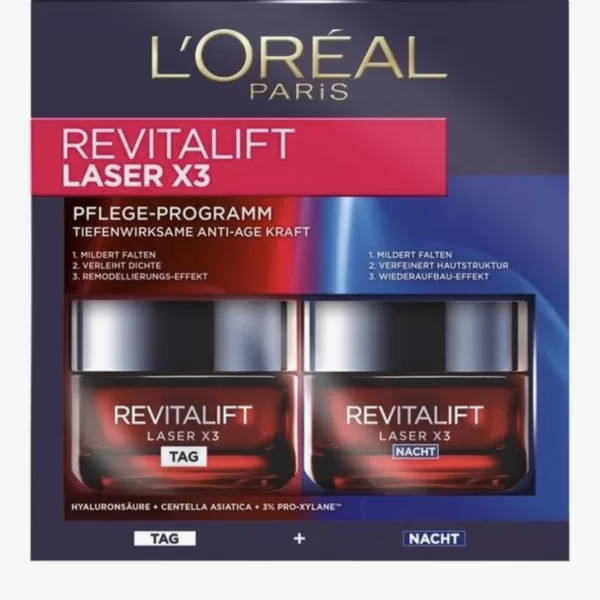 L'Oréal Paris Revitalift Laser X3 Anti-Rimpel DUO Pack 2x50ml – Dag- en Nachtcrème met Hyaluronzuur, voor een jeugdigere huid