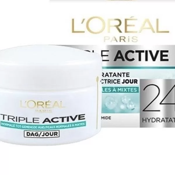 L’Oréal Paris Triple Active Dagcrème 50 ml – Hydrateert 24u, Bescherming voor Normale tot Gemengde Huid, Stralende Teint