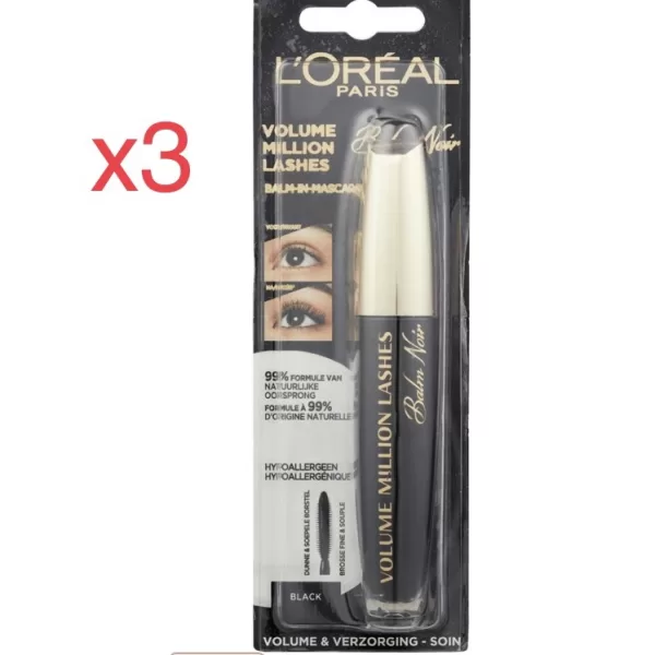 L'Oréal Paris Volume Million Lashes Balm Noir 01 – Hypoallergene Volume Mascara, 99% Natuurlijke Ingrediënten, 3 Stuks