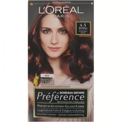 L'Oréal Haarfarbe Préférence 4.5 Riviera Mahonie Braun - Dauerhafte Haarverfärbung, glänzendes Finish, 100% Grauabdeckung, 150ml