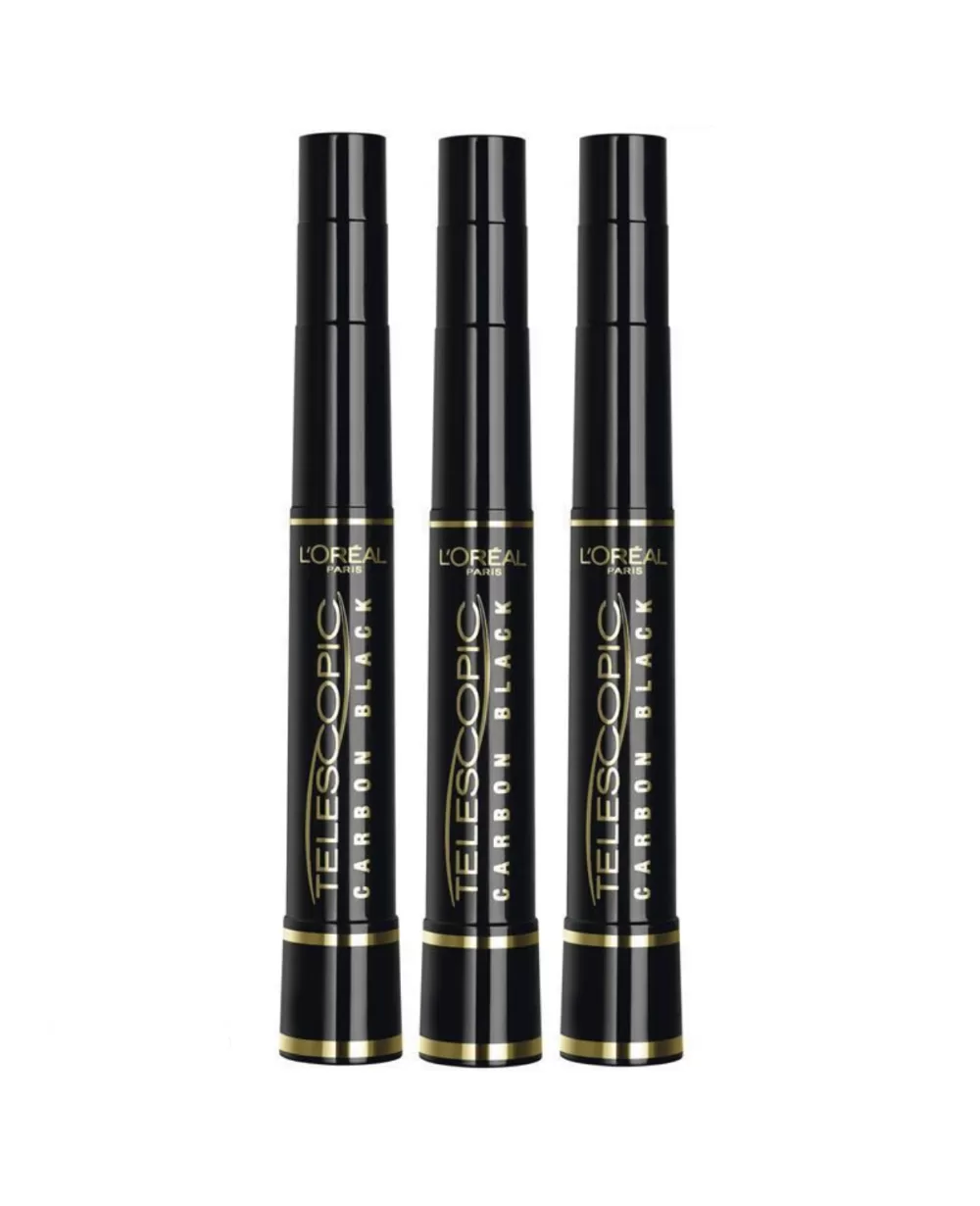 L'Oréal Telescopic Mascara Carbon Black - 3er Vorteilspack, verlängernde Wimperntusche mit 1.2mm Micro-VFibeln für ultimative Länge