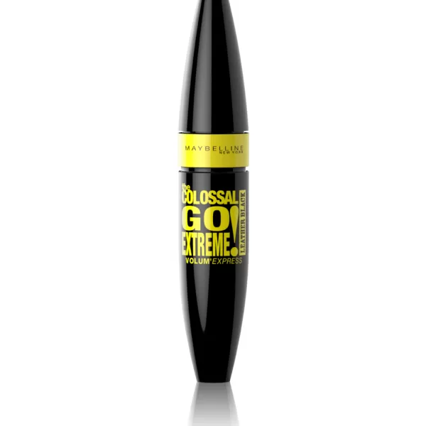 Maybelline The Colossal Go Extreme Leather Mascara - Zwart, Ultra Volume, Collageen, Dubbel Reservoir, Langdurig, Glanzend Effect