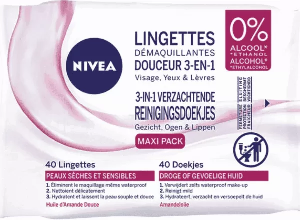 Nivea 3-in-1 Verzachtende Reinigingsdoekjes Maxi Pack - 40 Doekjes met Amandelolie voor Droge & Gevoelige Huid, Make-up Verwijdering