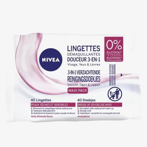 Nivea 3-in-1 Reinigingsdoekjes voor Droge & Gevoelige Huid - Alcoholvrij, Amandelolie, Verwijdert Waterproof Make-up, Hydrateert & Verzacht