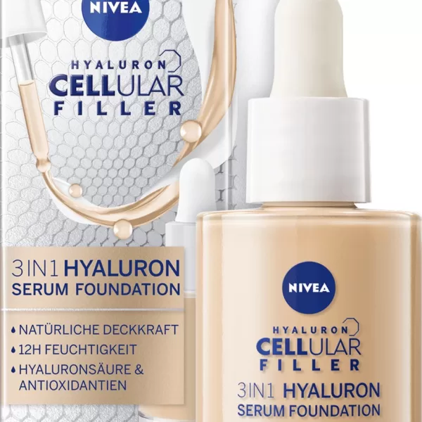 NIVEA 3in1 Hyaluron Serum Foundation 30ml - Getinte Vloeistof, Anti-Aging, Hydratatie, Glow Effect, Natuurlijke Dekking, 02