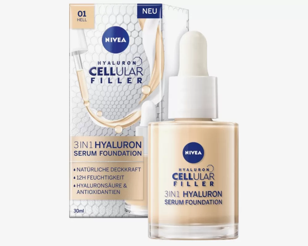 NIVEA Cellular Filler Foundation 30 ml - 3in1 Hyaluron Serum, lichte dekking, anti-aging, 12 uur hydratatie, glow-effect, kleur 01 Beige