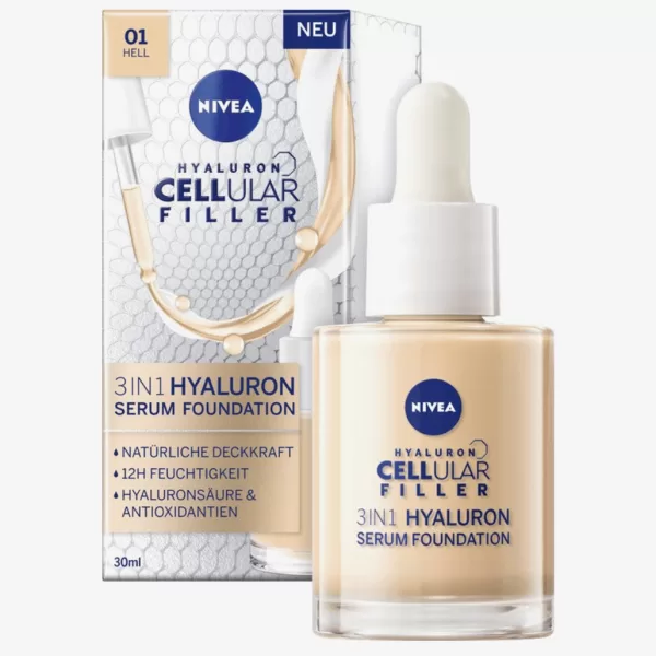 NIVEA Cellular Filler Foundation 30 ml - 3in1 Hyaluron Serum, lichte dekking, anti-aging, 12 uur hydratatie, glow-effect, kleur 01 Beige