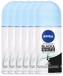 Nivea Deodorant Roller Invisible Black & White Pure 50 ml - 6 stuks, 48 uur bescherming, voorkomt vlekken op kleding, dermatologisch getest