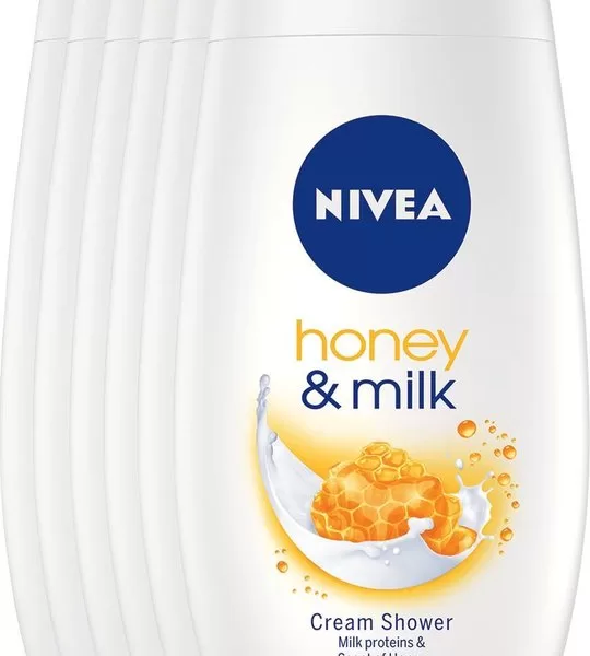 NIVEA Honey & Milk Douchecrème 250ml – 6 stuks, Voedende Milde Reiniging met Melkproteïnen, Hydrateert en Verzorgt de Huid