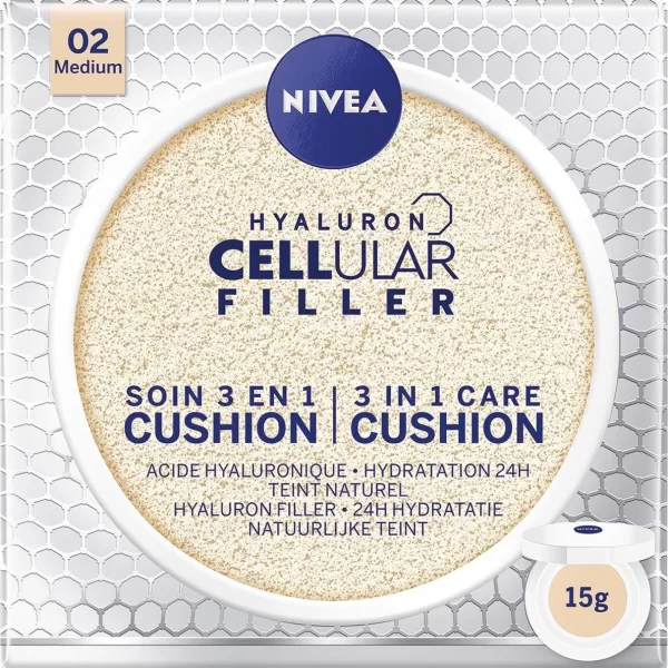 NIVEA 3in1 Care Cushion - Hyaluron Cellular Filler, 02 Medium, 15g - Hydratatie, Verjonging, Natuurlijke Teint, Geschikt voor Alle Huidtypes