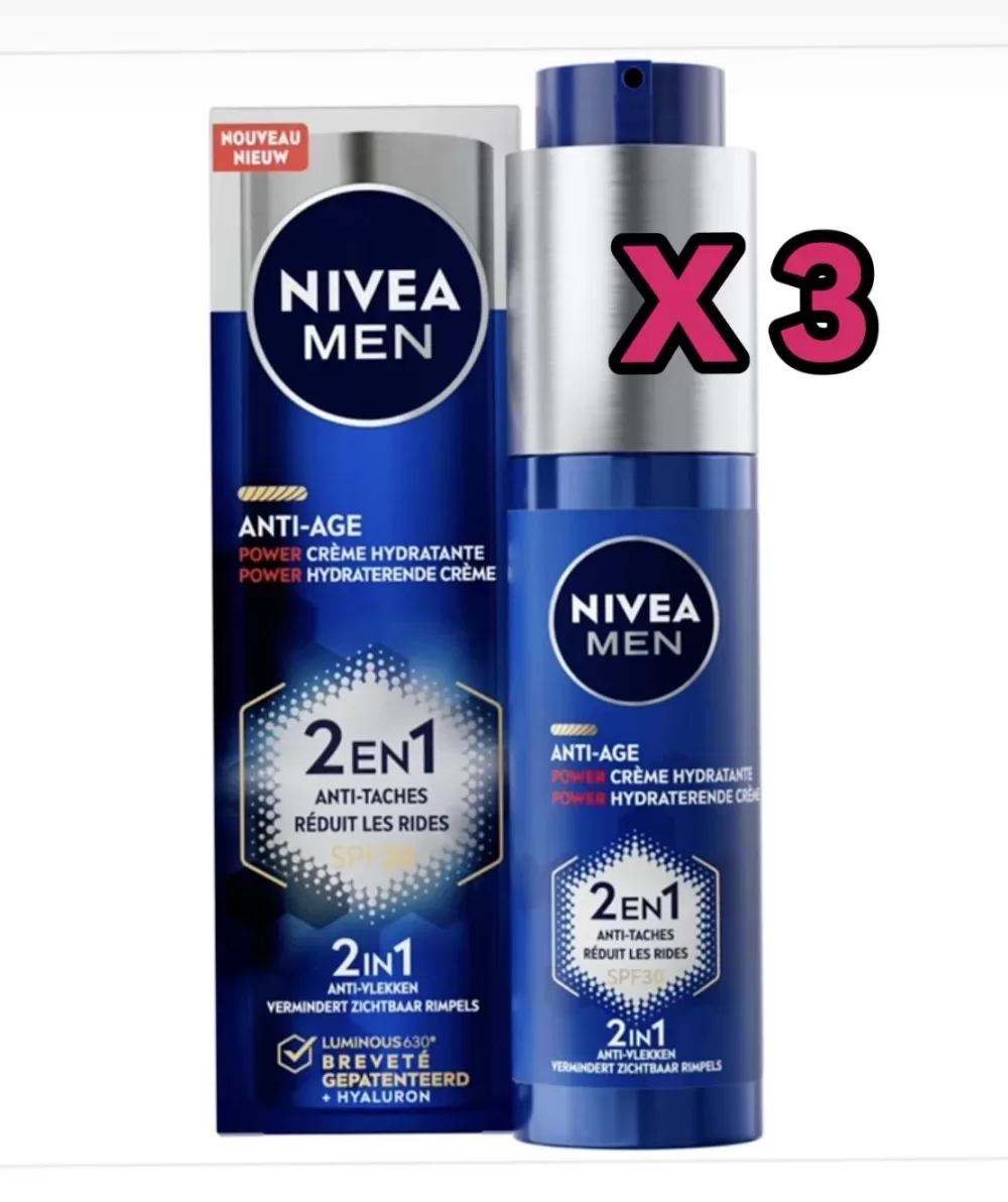 NIVEA MEN Anti-Age 2in1 Hydraterende Crème SPF 30 - 50 ml - Voor Normale & Rijpere Huid - Met Hyaluronzuur & Luminous630 - 3 Stuks