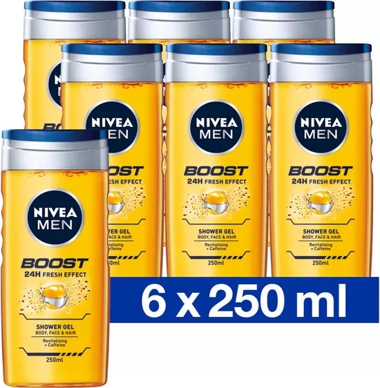 NIVEA MEN Boost Douchegel 3-in-1 met Cafeïne – 6 x 250ml Voordeelverpakking – Revitaliserende Shampoo & Verfrissende Douchegel voor Huid & Haar