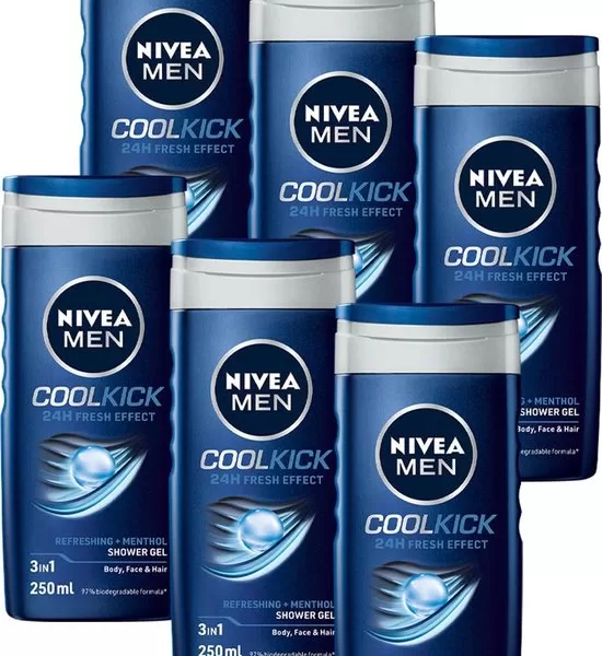 NIVEA MEN Cool Kick 3-in-1 Douchegel - Verfrissende Menthol - Shampoo & Douche - Voordeelverpakking 6 x 250 ml - pH Neutraal