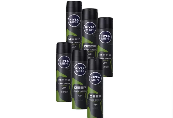 NIVEA MEN Deep Amazonia Deodorant Spray 6x150ml – 48u bescherming, antibacterieel met black carbon, alcoholvrij, geen vlekken