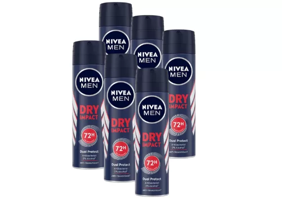 NIVEA MEN Dry Impact Spray 6x150ml – 72 uur bescherming, alcoholvrij, antibacterieel, met mineralen, DryPlus-systeem, dermatologisch getest