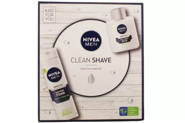 Nivea Men Giftset Clean Shave – Aftershave Balsem 100ml + Sensitive Scheerschuim 200ml – Perfect cadeau voor verzorgde mannen