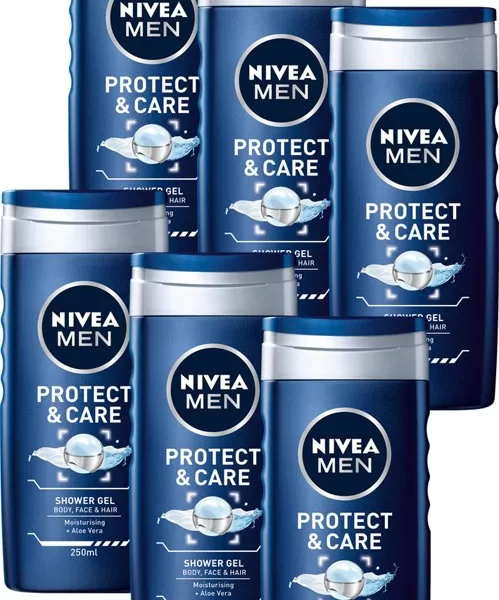 NIVEA MEN Protect & Care Douchegel – 6 x 250 ml – Hydraterend en verzorgend voor een schone huid – Voordeelverpakking voor mannen