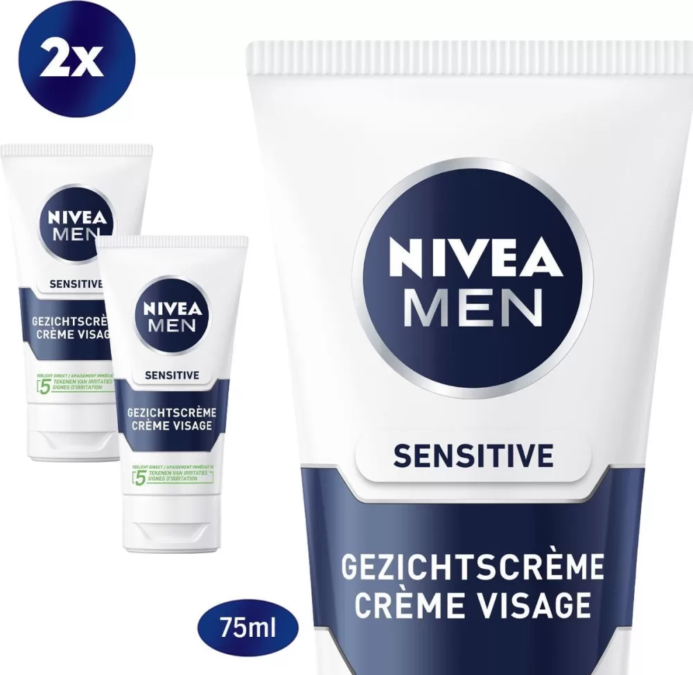 NIVEA MEN Sensitive Gezichtscrème 2x75ml - Alcoholvrij, met Kamille & Hamamelis - Voor Gevoelige Huid, Kalmerend & Verzorgend, Geschikt voor Na het Scheren