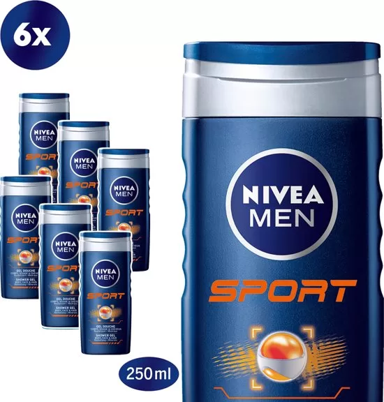 NIVEA MEN Sport Douchegel – 6 x 250 ml – 3-in-1 voor Lichaam, Gezicht & Haar – Verkoelende Mannelijke Limoengeur – Voordeelverpakking