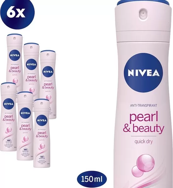 NIVEA Pearl & Beauty Anti-Transpirant Spray, 6 x 150 ml – 48 Std. Schutz, mit Perlenextrakt, sanfte Hautpflege, dermatologisch getestet, alkoholfrei