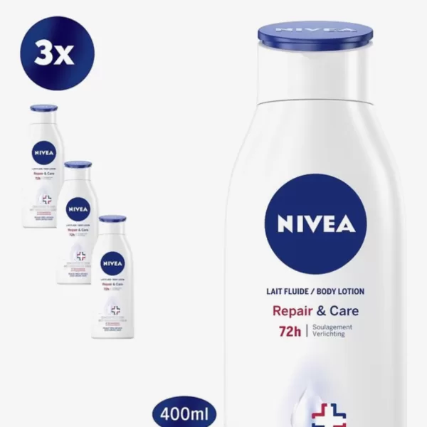 NIVEA Repair & Care Bodylotion 3x400ml - Voordeelverpakking voor Zeer Droge Huid, 72u Hydratatie, Verrijkt met Dexpanthenol & Verzorgend Serum