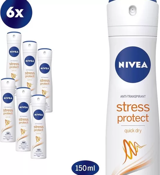 NIVEA Stress Protect Antitranspirant 6x150ml – 48h Schutz gegen Stressz sweat, dermatologisch getestet, ohne Ethylalkohol, für frisches Gefühl