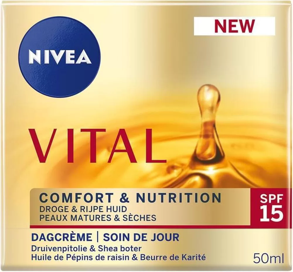 Nivea Vital Comfort Dagcrème 50ml - Unisex, SPF 15, Antirimpel, Voor Droge, Gecombineerde & Gevoelige Huid, Hydratatie en Voeding