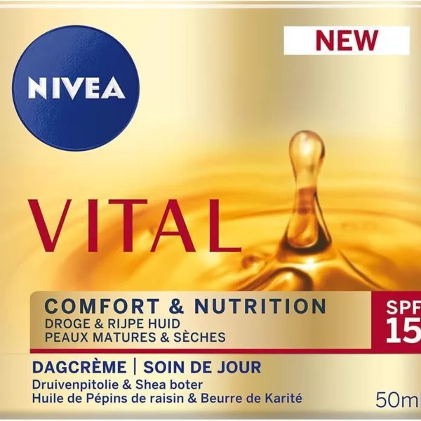 Nivea Vital Comfort Dagcrème 50ml - Unisex, SPF 15, Antirimpel, Voor Droge, Gecombineerde & Gevoelige Huid, Hydratatie en Voeding