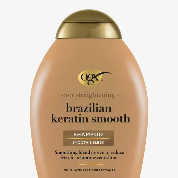 OGX Ever Straight Brazilian Keratin Therapy Shampoo 3x385ml – Sulfaatvrij, Hydrateert, Voor Golvend/Krullend Haar, Glans & Controleer Kroes