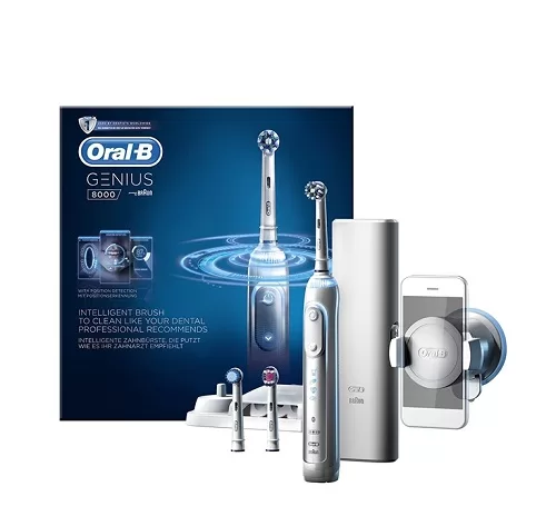 Oral-B Genius 8000 Elektrische Tandenborstel mit Bluetooth, 5 Reinigungsmodi, Luxe Reisetui, 3 Opzetborstels, SmartPlug Oplader