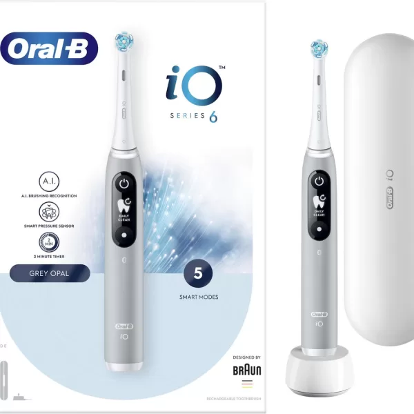 Oral-B iO 6 Opal Grey - Elektrische Tandenborstel met Magnetische Technologie van Braun - Grondige en Zachte Reiniging