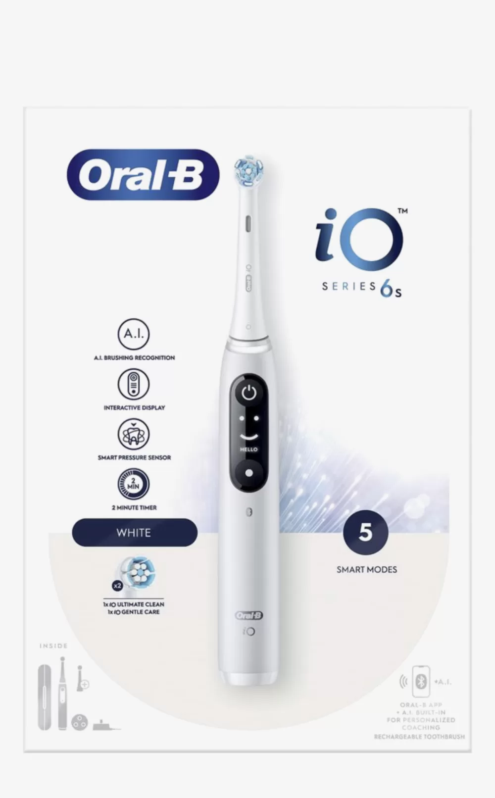 Oral-B iO 6s Elektrische Tandenborstel - Wit, AI-gebaseerde reiniging, 5 poetsstanden, interactieve display, inclusief opzetborstel & reisetui