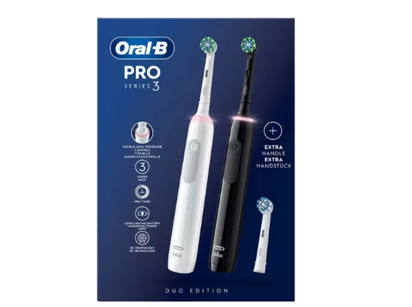 Oral-B Pro 3 3900 Duo Elektrische Tandenborstel - Zwart & Wit, 3 Poetsstanden, Timer, Druksensor, Gevoelige Tanden Bescherming