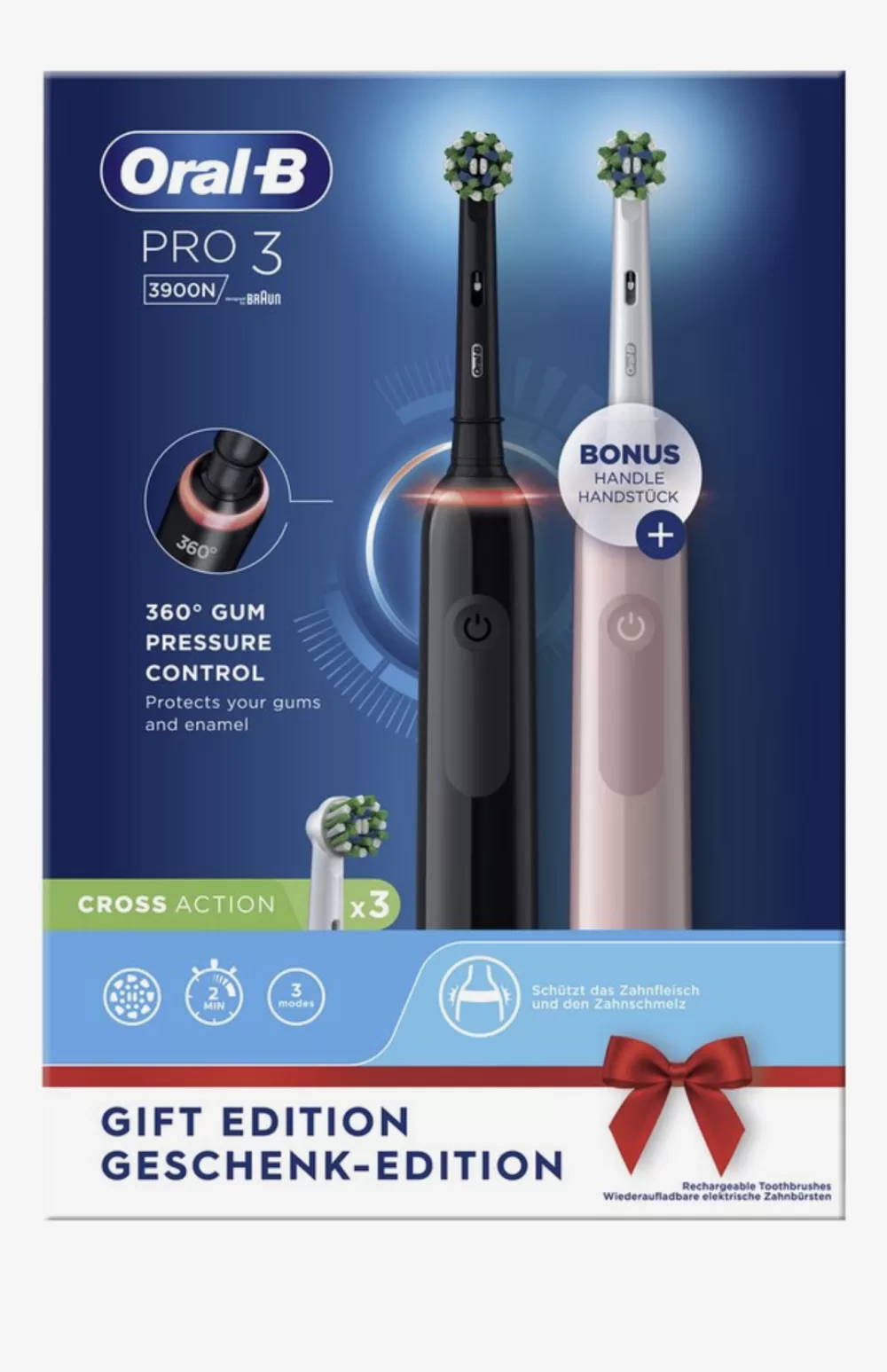 Oral-B Pro 3 3900 - Elektrische Tandenborstel - Zwart/Roze - 3 Poetsstanden, 360° Druksensor, 2 Weken Batterijduur, 2 Handvatten & 2 Opzetborstels