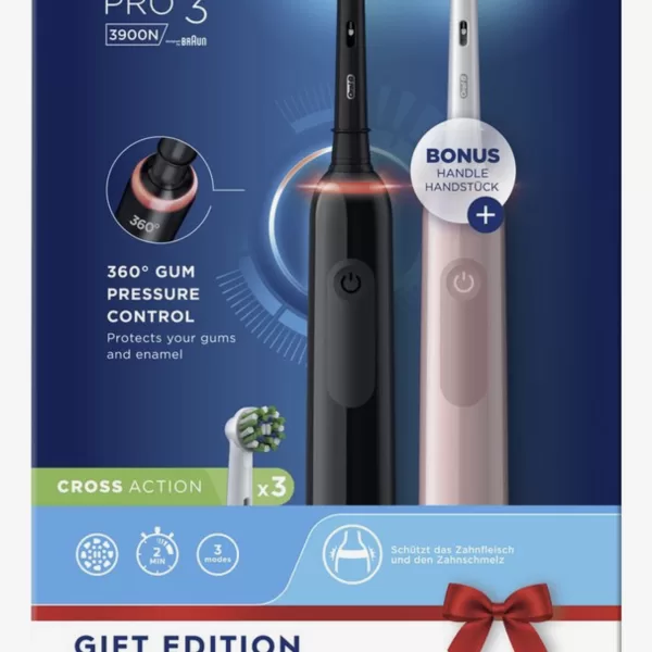 Oral-B Pro 3 3900 - Elektrische Tandenborstel - Zwart/Roze - 3 Poetsstanden, 360° Druksensor, 2 Weken Batterijduur, 2 Handvatten & 2 Opzetborstels