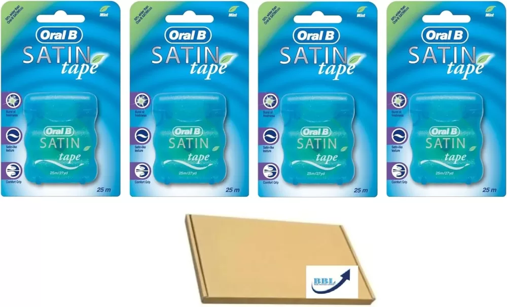 Oral-B Satin Tape Mint - 25m Dental Floss, Verfrissend, Brede Structuur, 4 Stuks - Effectieve Plakverwijdering, Gemakkelijk in Gebruik