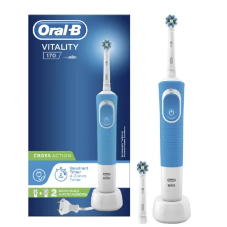 ORAL-B Vitality 170 Blau Elektrische Tandenborstel + 2 Cross Action Opzetborstels, Timer & Oplaadstandaard - Voor een Stralend Gebit