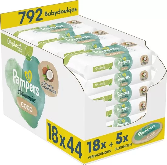 Pampers Harmonie Coco Babydoekjes - Voordeelverpakking 792 Stuks - Met Biologische Kokosolie, 100% Plantaardig, 0% Plastic, Dermatologisch Getest