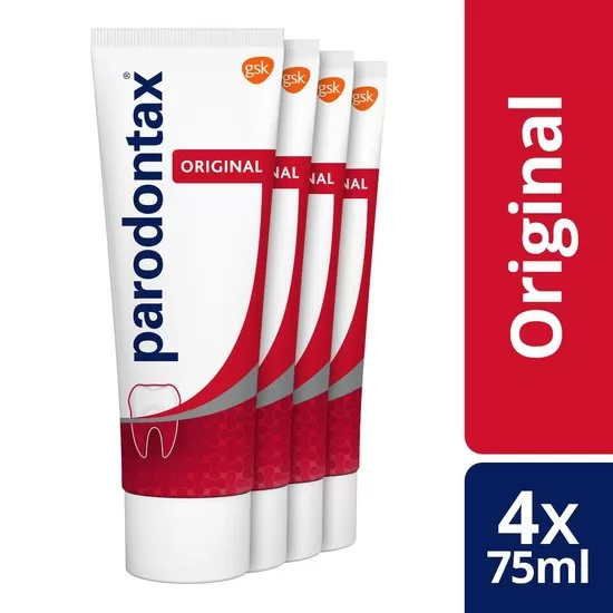 Parodontax Original Fluoride Tandpasta - 4x75ml - Verbeterde Smaak, Voorkomt Bloedend Tandvlees, 4x Effectiever Tegen Tandplak