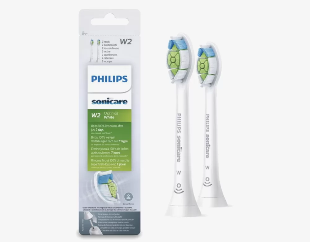 Philips Sonicare W2 Optimal White Opzetborstels HX6062/10 - 2 Stuks, 100% Wittere Tanden in 1 Week, Verwijdert 7x Meer Tandplak, BrushSync Technologie