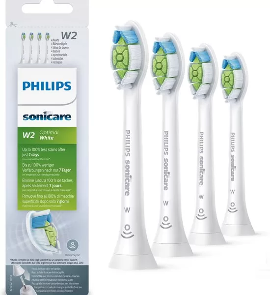 Philips Sonicare W2 Optimal White Opzetborstels - 4 Stuks, Verwijdert 7x Tandplak, Wittere Tanden in 1 Week, BrushSync Compatibel