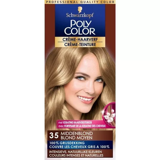 Schwarzkopf Poly Color Crème Haarverf 35 Middenblond - 100% Grijsdekking, met Keratine, 50ml + 40ml Ontwikkelmulsie + Handschoenen