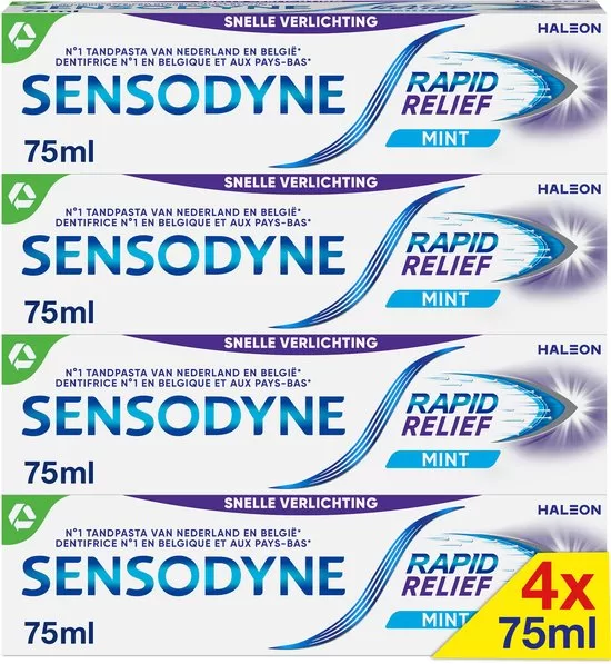 Sensodyne Rapid Relief Tandpasta - Mint - 4x75ml voor Gevoelige Tanden - Snelle Verlichting & Bescherming - Fluoride