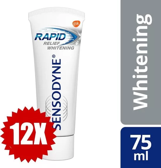 Sensodyne Rapid Relief Whitening Tandpasta Voordeelverpakking 12x75ml - Snel Pijnverlichting voor Gevoelige Tanden & Glanzend Wittere Tanden