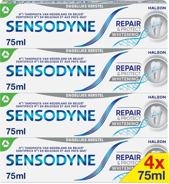 Sensodyne Repair & Protect Whitening Tandpasta 4x75ml - Voor Gevoelige Tanden, Herstelt en Beschermt, Klinisch Bewezen NovaMin Formule