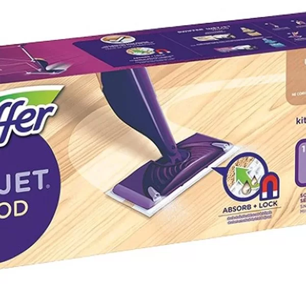 Swiffer WetJet Wood Spray-Mop Starterkit für Hartholz - 5 Reinigungstücher, 500ml Lösung & 4 Batterien - Effektive Reinigung für Holzfußböden