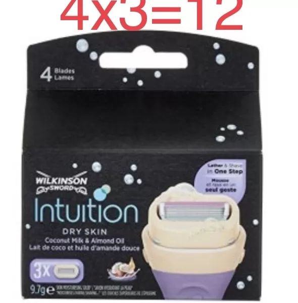 Wilkinson Intuition Dry Skin Cocos Scheermesjes – Voordeelverpakking 4 x 3 Stuks – Glad en Beschermend voor Droge Huid – Lila