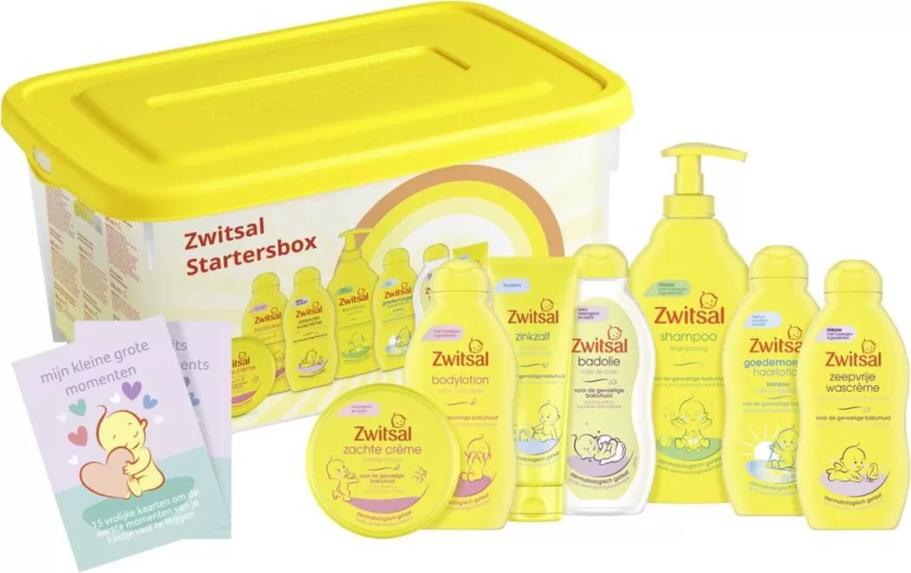 Zwitsal Baby Startersbox - 7 delig Cadeaupakket met Zeepvrije Wascrème, Bodylotion, Badolie, Shampoo, Zinkzalf, Haarlotion & Crème