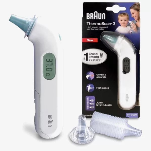 Braun IRT 3030 Oorthermometer – Snel, Nauwkeurig, Hygienisch, Geschikt voor Pasgeborenen, LCD Scherm, Koortsindicator met Geluid, Inclusief Wegwerpfilters